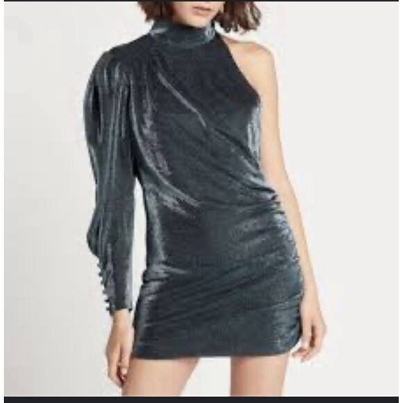 NWT Choosy Blue Shimmer One Sleeve Stretch Ruched Side Mini Bodycon size small - Picture 1 of 9